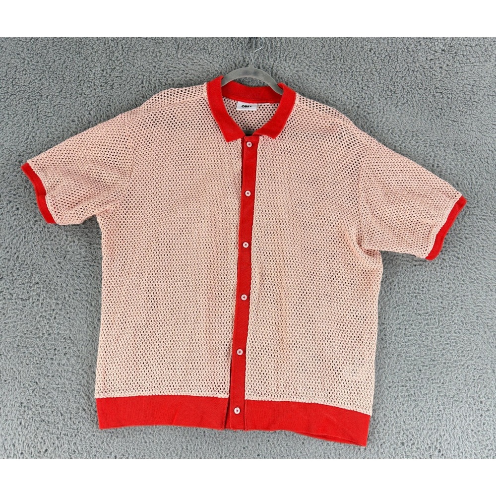 Obey Grove Button-Up Polo Shirt Men's Large Pink Clay Textured Knit Short Sleeve